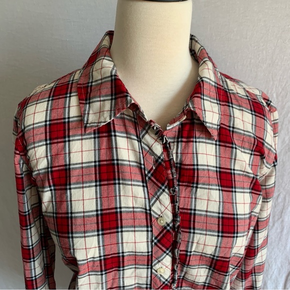 Talbots Red Plaid Button Ruffle Front Long Sleeve Dress Shirt Size XL - Picture 3 of 14